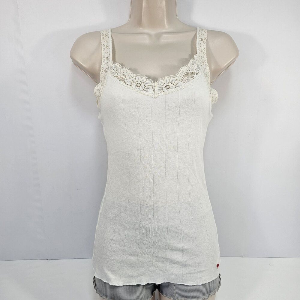 Y2K Abercrombie Lace Trim Fitted Cami Cream Cotton Tank Top USA Elena Bella Sz L